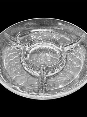 Vintage 1970s Italian Glass Round Divided Serving Dish - Embossed Fruits Pattern
